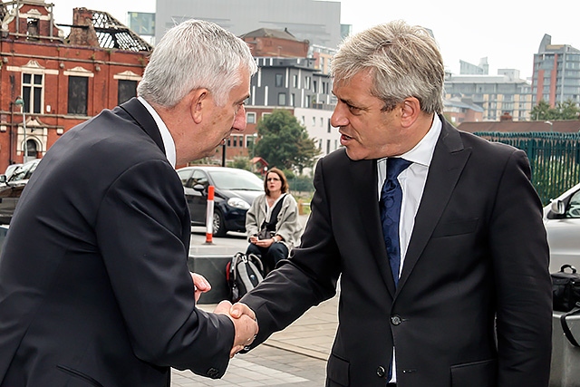 Lindsay Hoyle MP and John Bercow MP, the Speaker of the House of Commons, arriving for Jim Dobbin's funeral