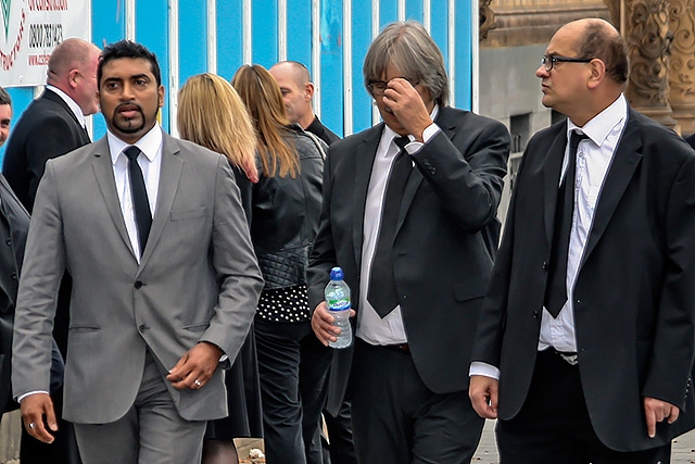 Councillor Farooq Ahmed arriving for Jim Dobbin's funeral