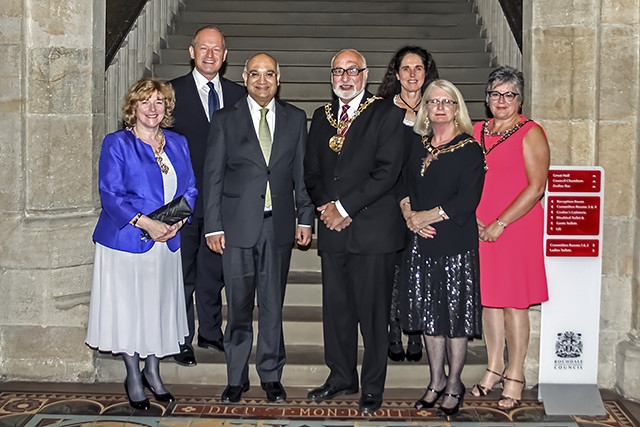 Mayoress Cecile Biant, Simon Danczuk MP, Keith Vaz MP, Mayor Surinder Biant, Rochdale Online MD Pauline Journeaux, Deputy Mayor of Trafford Judith Lloyd and Deputy Mayoress of Trafford Noelle Ryder