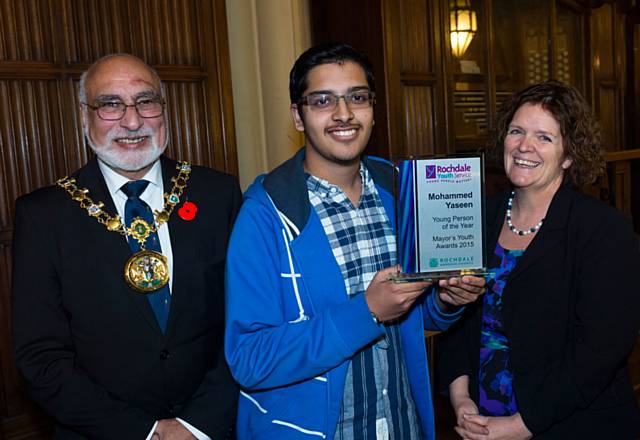 Young Person of the Year, Mohammed Yaseen celebrates his award with Mayor of Rochdale, Surinder Biant and Gail Hopper, director of children's services