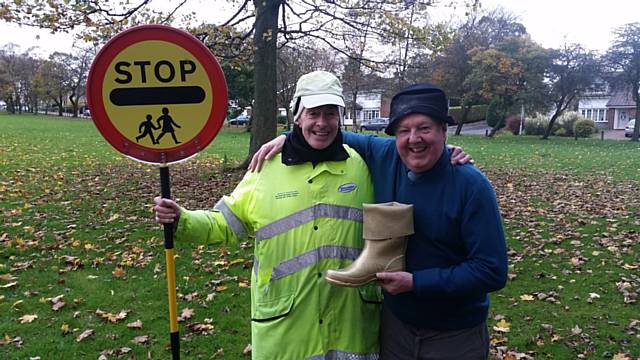 Jimmy Cricket awards his Golden Wellington to Don Frain 