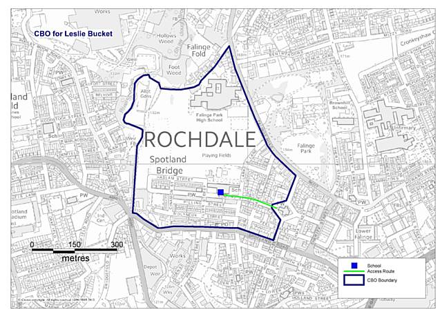 The order given to Bucket has the following condition - he is prohibited entering the area bounded by Spotland Road, as marked out and outlined on the exclusion map
