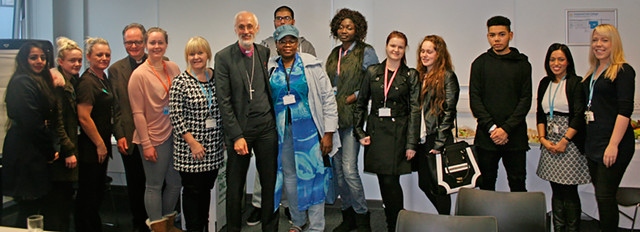 The Bishop of Manchester, David Walker, Vicar of Rochdale, Revd Mark Coleman (fourth from left) with staff and students at Hopwood Hall College