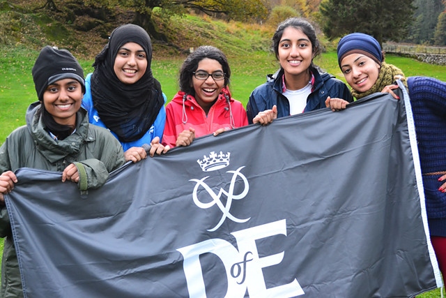 Arushi Jain, Laveeza Hameed, Kritika Yadav, Zainab Shahbaz and Safia Khan pose proudly having completed their final Duke of Edinburgh Award expedition