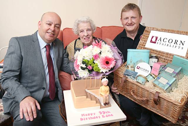 Edna Hughes celebrates 99th birthday with Geoff Goodman and Dave Sharkey from Acorn Stairlifts' 