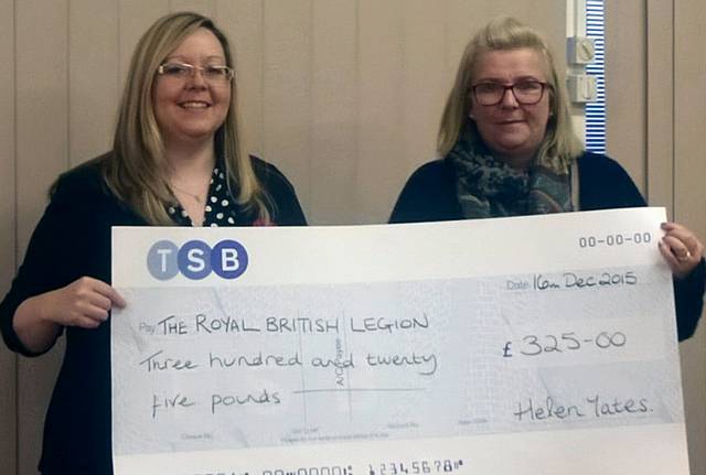 Helen Yates handing over the cheque to Tina Pringle, Community Fundraiser for The Royal British Legion