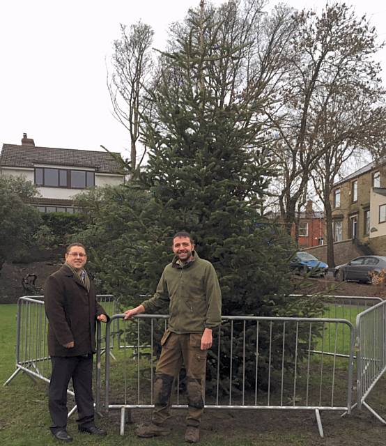 Councillor Peter Winkler and Paul Ellison with the Christmas Tree in Norden Jubilee Park
