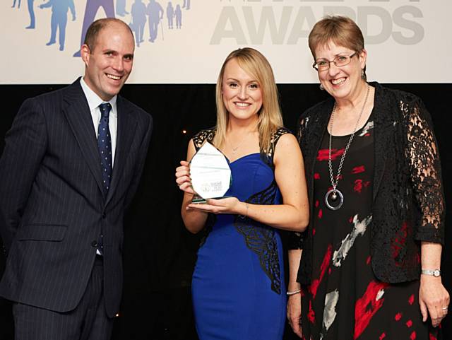 Stephanie Mills (centre) was presented with her award by James Rook from headline sponsor Sanctuary Social Care, and Sally Melbourne from award sponsor, Core Assets