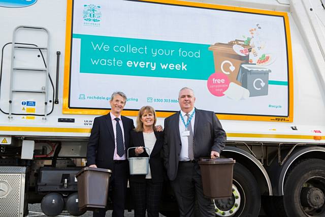 Neil Maver (Recycling Manager), Councillor Jacqui Beswick and Martin Taylor (Head of Environmental Management)