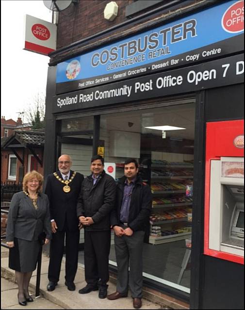 Rochdale Mayor Councillor Surrinder Biant and Mayoress Councillor Cecile Biant with Post Master Faisal Rana, sub post master Hassan 