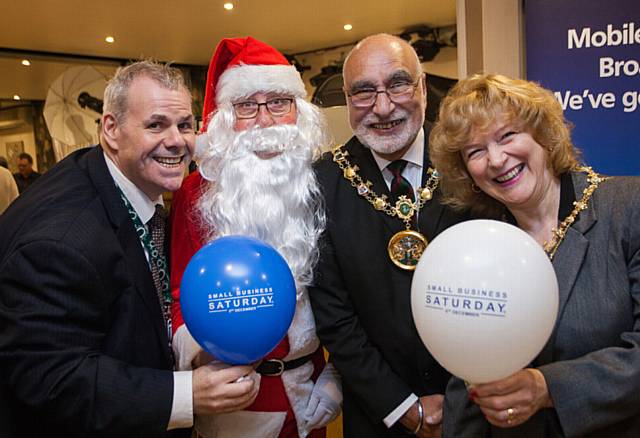 Leader of Rochdale Borough Council, Richard Farnell, Santa, Mayor of Rochdale, Surinder Biant and Mayoress Cecile Biant