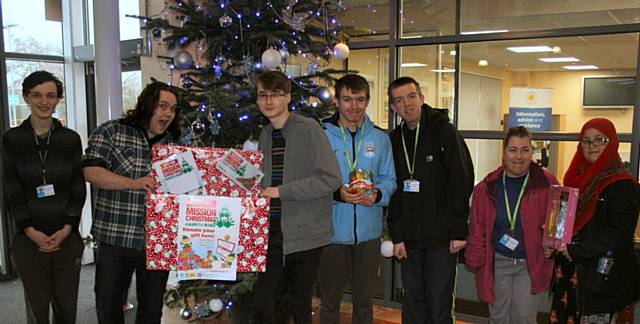 Students appealing for presents to be donated this year: James Kelsall, Nathaniel Smith, Elliot Mason, Thomas Ferrari, Ryan Duffy, Francesca Vella and Maddiya Altaf