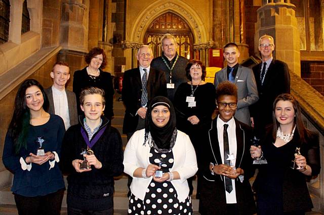 2015 MYP candidates - Nazia Farooque, Ethan Marriott, Iqra Ali, Kenya Stirling and Tabitha Rusden     
Back: Cieron Cox, Member of Rochdale Youth Cabinet, Gail Hopper, Director of Children’s Services, Councillor Ashley Dearnley, Leader of the Conservatives, Councillor Richard Farnell, Leader of Rochdale Council, Donna Martin, Cabinet Member for Children’s Serviecs, Leon Hollinrake, outgoing MYP, Steve Rumbelow, Rochdale Council Chief Executive