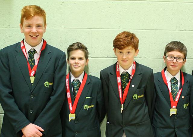 Wardle Academy's Athletics Boy Team: Ben Godsman, Tyler Kershaw, Matty Cooney, Harrison Mills, 