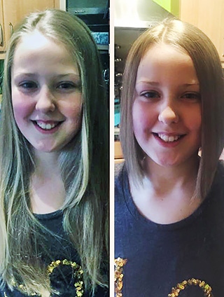 Lillie Wharton before and after her fundraising haircut