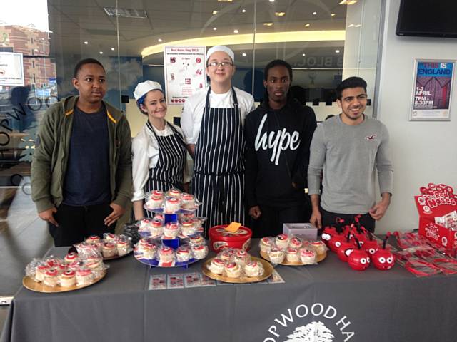 Hopwood Hall College business and catering students selling cakes. From left to right: Don Bhebe, Sophie Wells, Callum Shang, Ijaz Arain, Tevin Dewar