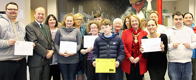 Mayor Carol Wardle, Mayoress Beverley Place and Rochdale MP Simon Danczuk with members of RCT who collected certificates