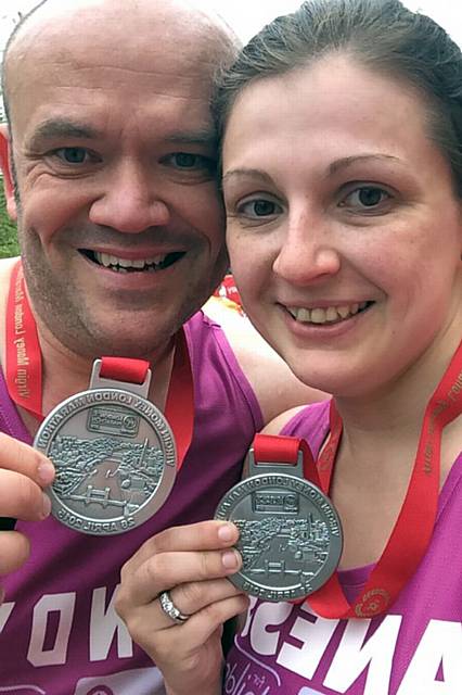 Andy and Vanessa Rees after completing the London Marathon