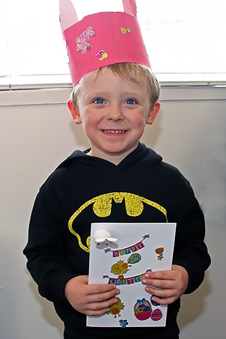 Sudden and Brimrod Community Centre Easter Fayre<br />Bradley Barnes with his Easter hat and Easter card