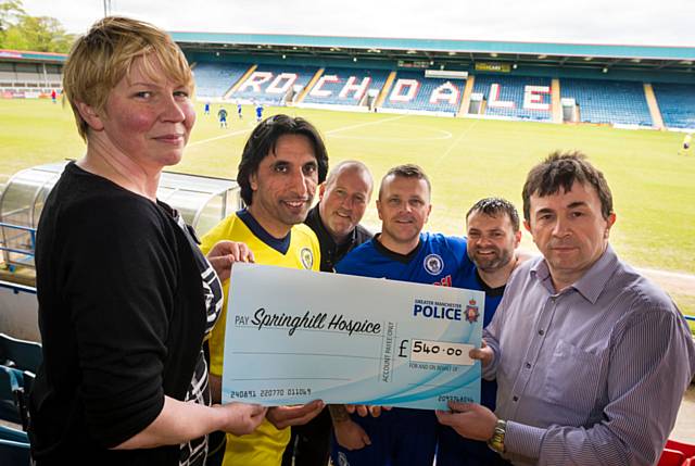 Lillie Winterbottom (Springhill Hospice), Nasser Afsal (Rochdale Council), Nick McCarol (GMP), Gaz Davies (GMP), Chris Hill (GMP), Colin Garlick (Rochdale AFC)