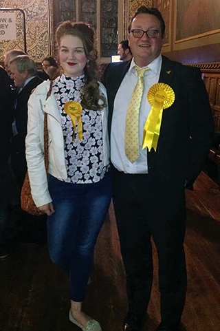 Liberal Democrat candidate Andy Kelly with his daughter Eleanor at the count