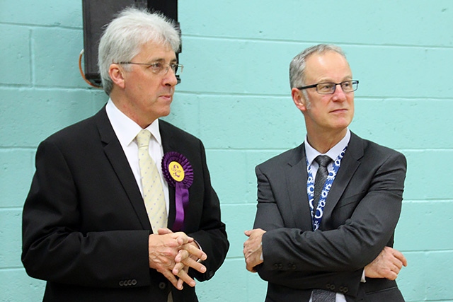 UKIP candidate John Bickley with Rochdale Council CEO Steve Rumblelow at the count