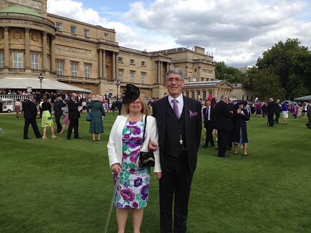 Denise Blagg, Volunteer Coordinator and David Blagg from Communic8te at the Garden Party at Buckingham Palace 