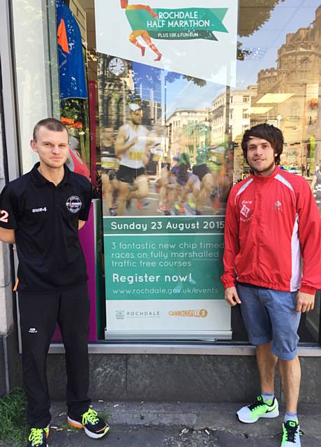 Salford Harrier Joe Bailey (right) with Richard Pendlebury from Up and Running in Manchester, one of 3 new sponsors of Rochdale Half Marathon, 10K and Fun Run