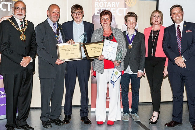 Mayor of Rochdale Surinder Biant, Rotary Club of Middleton President: Rtn Keith Trinnaman, Dillon Liptrot, Sue Scott, Ethan Marriott, Sue Furby and Lee Wolf