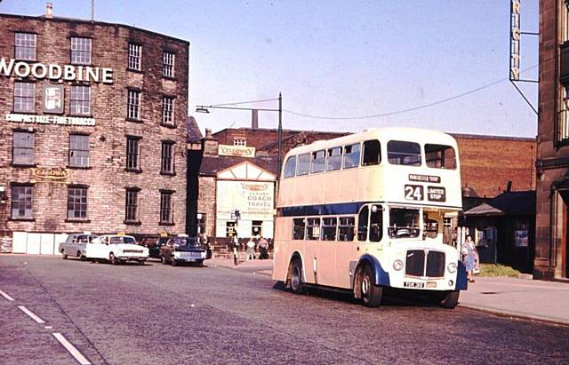 Rochdale Corporation bus awaiting departure to Manchester outside the Electric House 1960s