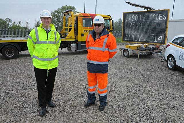 Paul Hampson, Highways England Project Manager, with Mike Smith, Project Manager at recovery firm Egerton’s, at the smart motorway depot by junction 19 of the M62