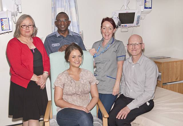 Linda Kent, senior research nurse at Pennine Acute Trust; Joe Ogor and Jo Taylor, research nurses and patients (seated) Hannah McCarthy and Glenn Brooks