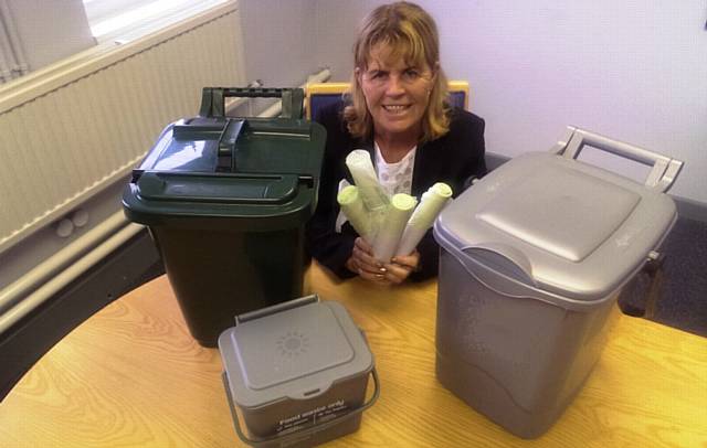 Councillor Jacqui Beswick, Cabinet Member for Environment with the biodegradable bags for food watse