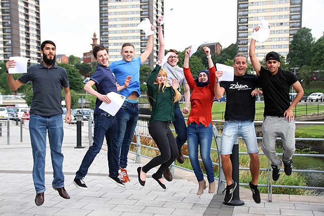 Many young people may be thinking of taking a summer job before they start university. Pictured: Rochdale Sixth Form College students after collecting their results in 2015