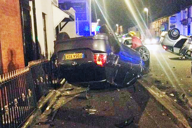 Ford Focus hit the stationary Toyota Corolla with both cars left on their roofs