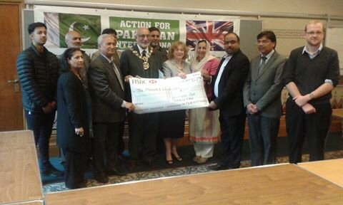 Members of the Action for Pakistan International, Rochdale, Lancashire, UK, presented a cheque of £728.60 to the Mayor Councillor Surinder Biant and the Mayoress Councillor Cecile Biant in the Rochdale Town Hall