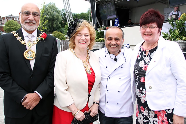 Mayor Surinder Biant, Mayoress Cecile Biant, Chef Aazam Ahmad and Councillor Janet Emsley