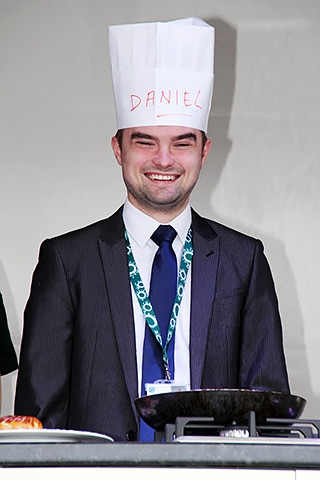 Councillor Daniel Meredith takes part in the pancake challenge at The Feel Good Festival