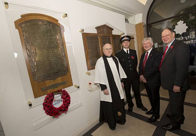 Wreath-laying at Lloyd Street police station on Thursday 10 November, with Tony Lloyd, Jim Battle and Chief Inspector Gareth Parkin