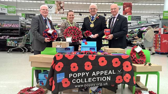 The Mayor of Rochdale, Ray Dutton and Wing Commander David Forbes DL RAFVR(T) Rtd in Asda with poppy appeal collectors