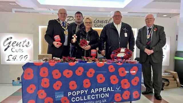 The Mayor of Rochdale, Ray Dutton and Wing Commander David Forbes DL RAFVR(T) Rtd in Rochdale exchange with poppy appeal collectors