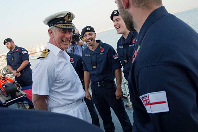 HRH The Prince of Wales shares a joke with the ship’s company of HMS Middleton