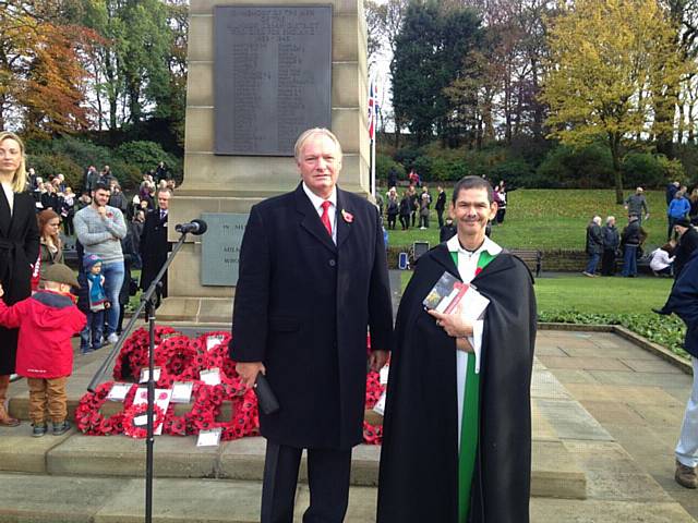 Councillor Butterworth with Rev Ivan Ruiters - Remembrance Sunday Milnrow