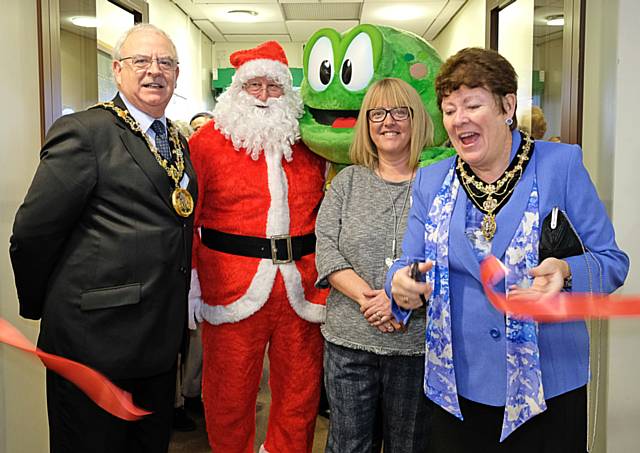 Mayor Ray Dutton and Mayoress Elaine Dutton, Father Christmas, Springy the Frog and Springhill's Chief Executive, Julie Halliwell, opening Springhill Hospice Christmas Fair 2016