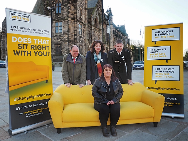 Andrea Fallon, Director of Public Health and Wellbeing at Rochdale Borough Council, Jim Battle, Deputy Police and Crime Commissioner for Greater Manchester, Chief Superintendent Chris Sykes with Sarah Cooke (seated)