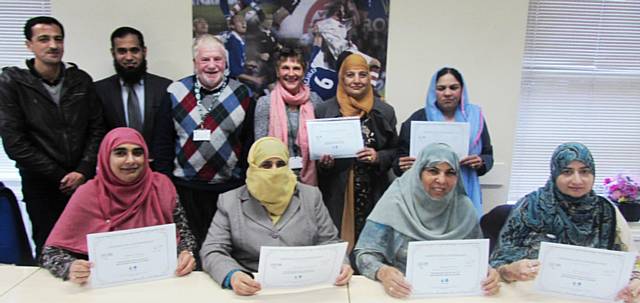 Presentation of Certificates to learners with tutor Karen Oliver, Cllr Alan Brett, and Sohail Ahmad 