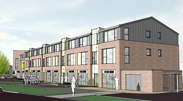 Proposed view along front of retail block with apartments above