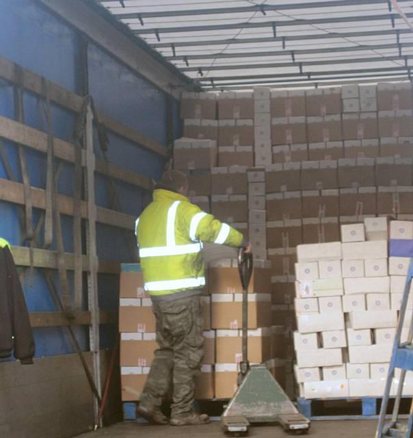 Shoe boxes loaded on to the lorries them for dispatch to countries in Eastern Europe