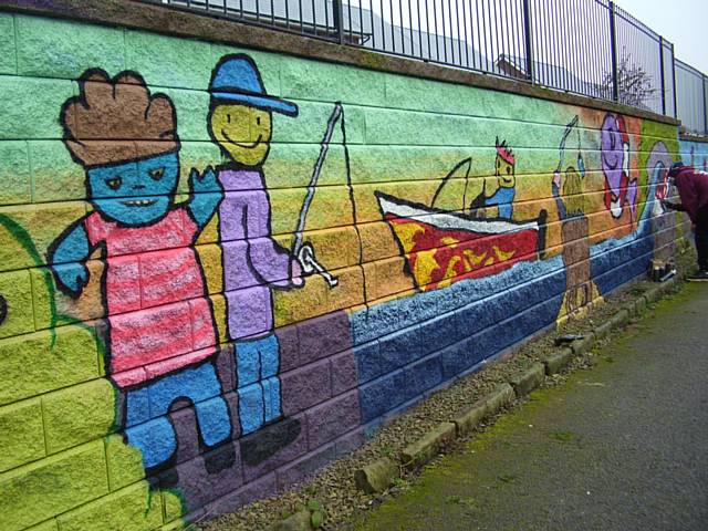 St Edwards children's mural on the tow path of Rochdale Canal in Castleton