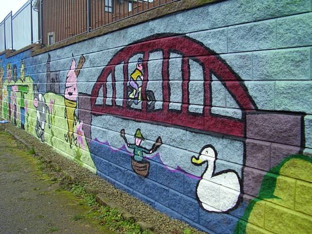 St Edwards children's mural on the tow path of Rochdale Canal in Castleton